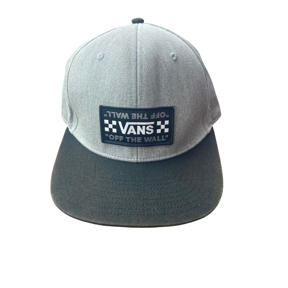 Vans Off The Wall Snapback Hat Grey Black Flat Brim Checkerboard Patch Cap